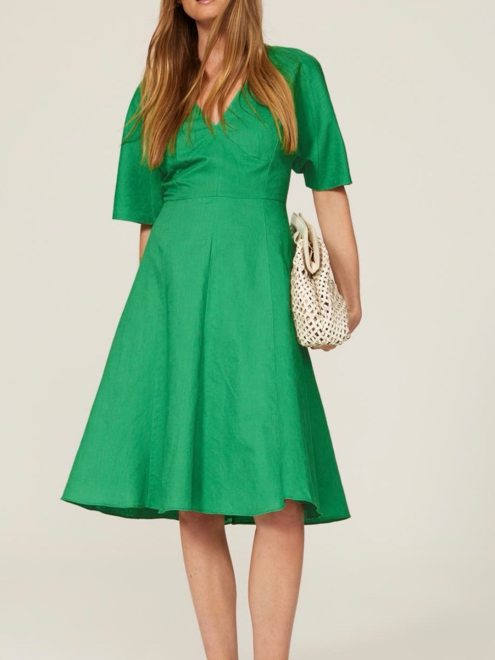 Green V-Neck Midi Fit-and-Flare Dress
